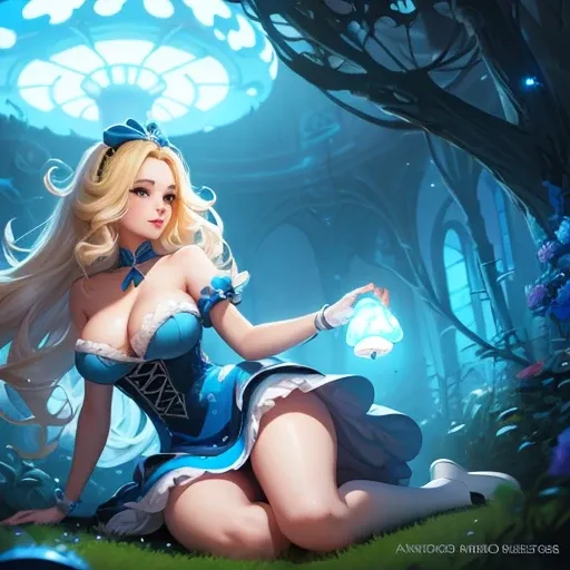 a beautiful 20 year old blonde woman with big messy hair in a blue dress, white stockings, black headband, cleavage, holding a glowing mushroom, fantasy art style, rossdraws cartoon vibrant, alice in wonderland cyberpunk, cute detailed digital art, colorfu...