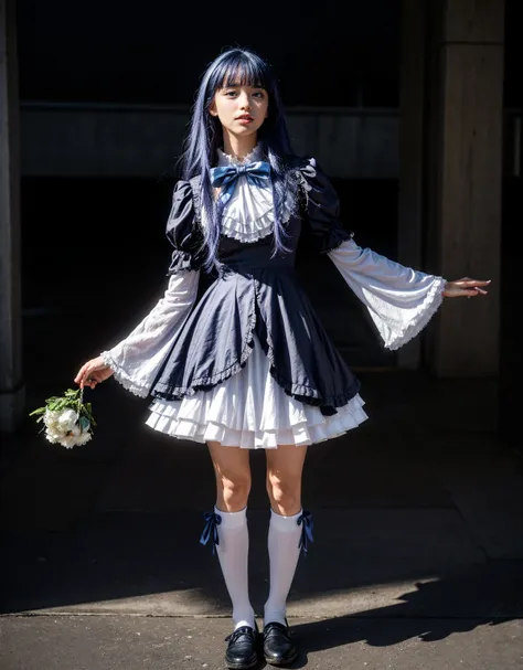 1 chica, full body photography, athletic, strong woman body, slim woman body, bowtie, frills, black dress, puffy sleeves, short ...