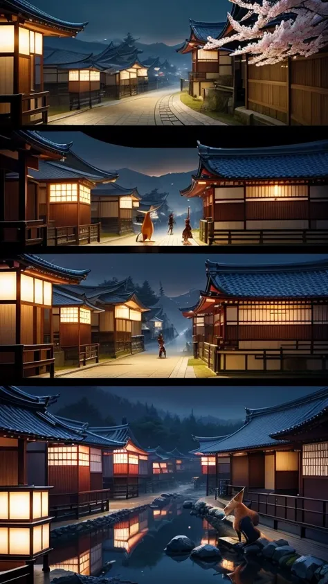 A fox wearing a kimono is fighting with a sword like a Japanese sword、Fantasy World、A city like Kyoto in Japan、Night view、Realistic live-action style、Realistic texture、5 fingers、According to the structure of the human body、