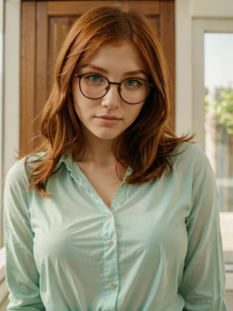 Close-up of Cute beautiful Ginger woman, green eyes, glasses, morning