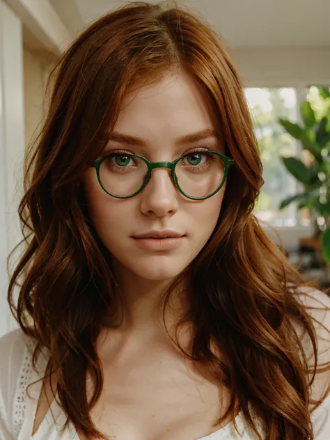 Close-up of Cute beautiful Ginger woman, green eyes, glasses, morning