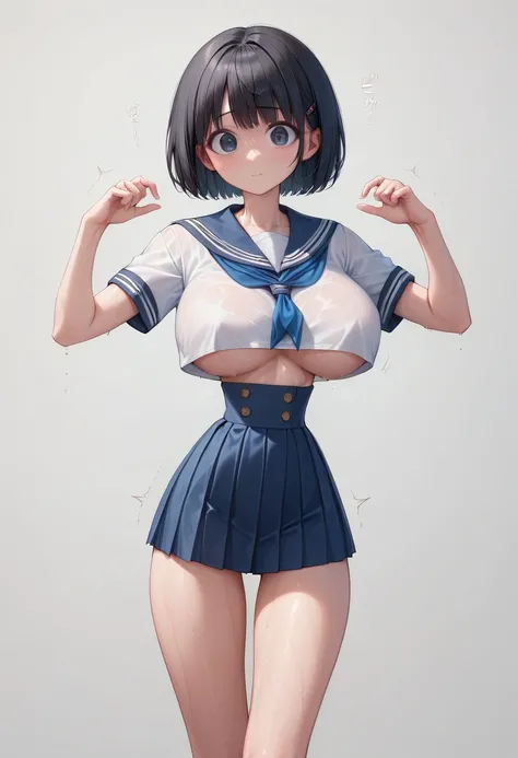 (masterpiece, best quality:1.2), Shader, High contrast, behind shot, 1girl, kawaii, (super big breasts, micro waist, very long legs:1.3), Black hair, short bob hair, short height, scrawny and thin body, Light Skin, cute big eyes, cute beautiful thin face, ...