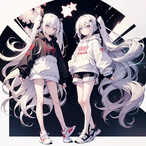 Two girls, the first one has red eyes and beige hair, the second one has blue eyes and white hair, twin tails, long hair, ribbon in hair, monochrome outfit with large hoodie, shorts, sneakers, white background, stars