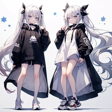 Two girls, the first one has red eyes and beige hair, the second one has blue eyes and white hair, twin tails, long hair, ribbon in hair, monochrome outfit with large hoodie, shorts, sneakers, white background, stars