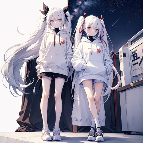 Two girls, the first one has red eyes and beige hair, the second one has blue eyes and white hair, twin tails, long hair, ribbon in hair, monochrome outfit with large hoodie, shorts, sneakers, white background, stars