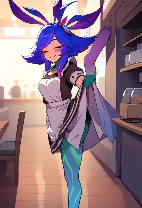 masterpiece, best quality, 1girl, boris (noborhys), neeko, colorful skin, multicolored hair, hair ornament, standing, maid outfit, facial mark, closed eyes, smile, cafe environment, maid outfit , lifting her skirt, sfutanari, penis, dick purple