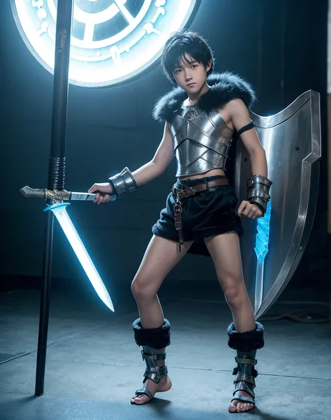 Young 13-year-old boy with black hair and brown eyes, innocent and happy, dressed in short neon-blue medieval barbarian clothes, fur shorts, light-blue battle armor, weilding silver sword and shield, barefoot; fullbody; short hair, boyish athletic, sexy,