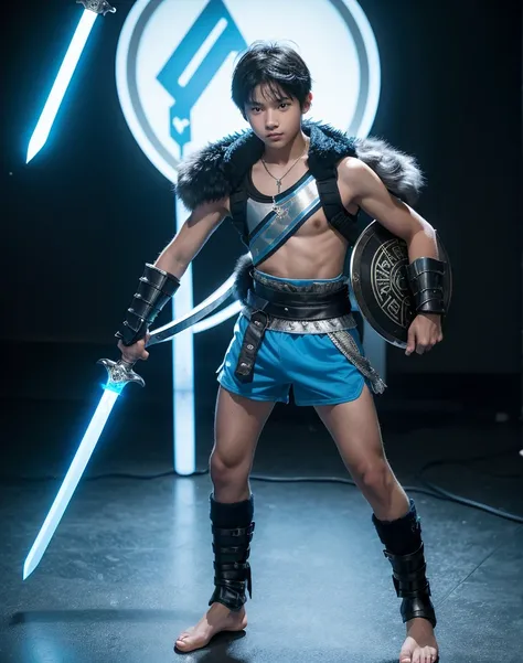 Young 13-year-old boy with black hair and brown eyes, innocent and happy, dressed in short neon-blue medieval barbarian clothes, fur shorts, light-blue battle armor, weilding silver sword and shield, barefoot; fullbody; short hair, boyish athletic, sexy,