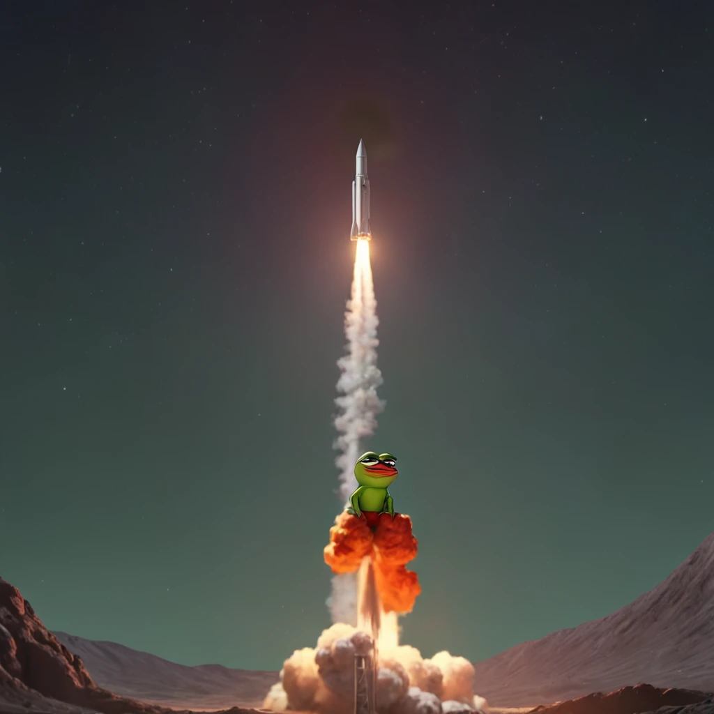 pepe the frog, watching the rocket going to the moon, highly detailed, cinematic lighting, colorful, 4k, hyperrealistic, studio quality, award winning, trending on artstation, elegant, sophisticated, mesmerizing, dramatic, beautiful, stunning, vibrant colo...