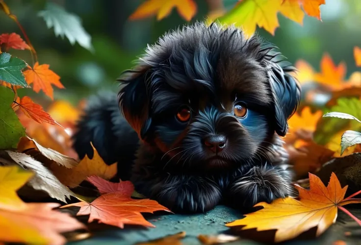 super cute black  fluffy , puppy, lovely , lie on leafs, vivid colors, colorfull, autumn ,source_realsitic, realistic, photoreal...