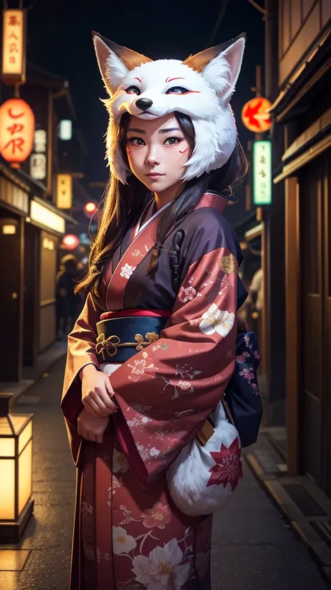 A woman in her 20s wearing a kimono and a fox mask, her face obscured、A city like the Kyoto of books、Night view、Realistic live-action style、Realistic texture、Neon lighting、Highly detailed CG illustrations、Cinematic Light、sf、