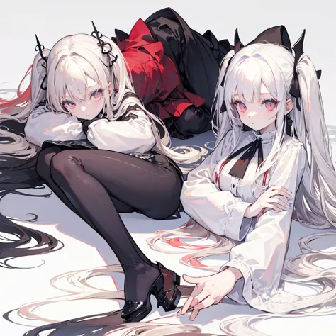 Two girls, red eyes and beige hair, blue eyes and white hair, twin tails, long hair, monochrome gothic fashion, white background, lying down