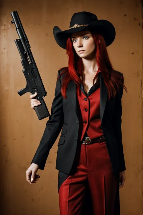 Girl red hair long hair red eye emotionless cowboy suit use gun