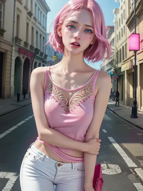 6girls, Many women, beautiful detailed eyes, horrified, scared, screaming, beautiful detailed lips, extremely detailed eyes and face, pink t-shirt, white jeans, standing on a street corner, award winning, intricate details, photorealistic, cinematic lighti...