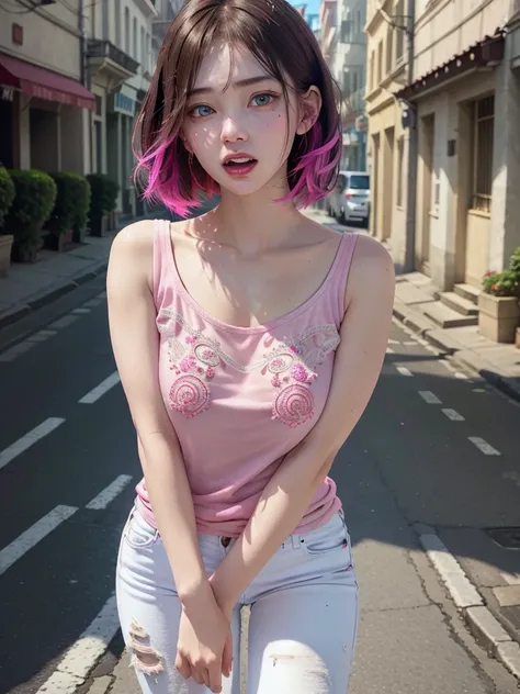 6girls, Many women, beautiful detailed eyes, horrified, scared, screaming, beautiful detailed lips, extremely detailed eyes and face, pink t-shirt, white jeans, standing on a street corner, award winning, intricate details, photorealistic, cinematic lighti...