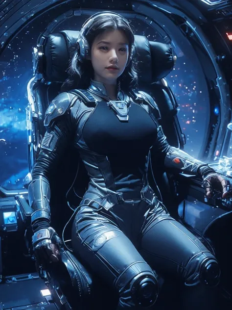 a sexy woman in a space suit sitting in a space station, gigantic breasts, beautiful woman in spacesuit, in a scifi movie, sci -...