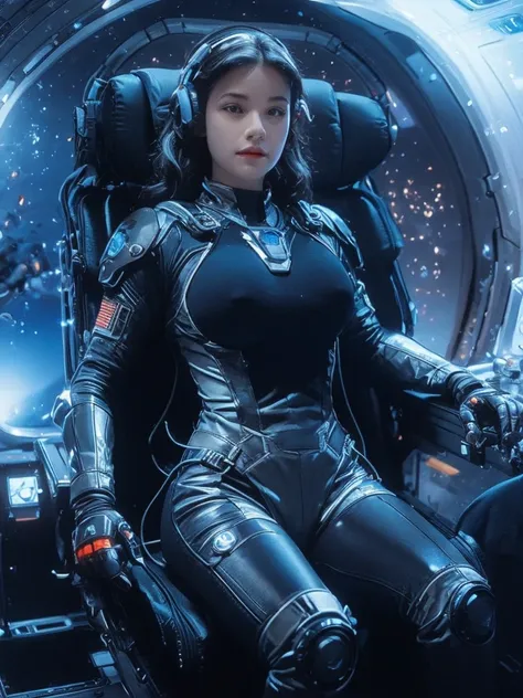 a sexy woman in a space suit sitting in a space station, gigantic breasts, beautiful woman in spacesuit, in a scifi movie, sci - fi pilot, scifi woman, sci-fi female, clothed in sci-fi military armor, on a spaceship, powerful woman sitting in space, fully ...