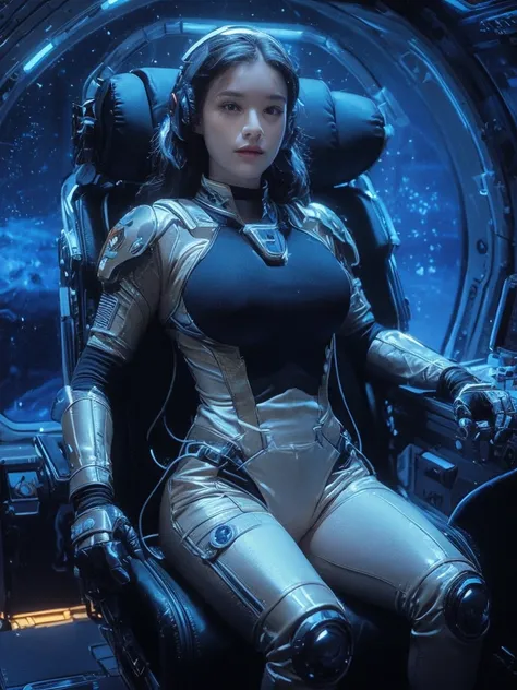 a sexy woman in a space suit sitting in a space station, gigantic breasts, beautiful woman in spacesuit, in a scifi movie, sci - fi pilot, scifi woman, sci-fi female, clothed in sci-fi military armor, on a spaceship, powerful woman sitting in space, fully ...