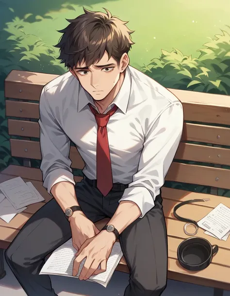 a boy is unemployed sad 
And he is sitting alone on a bench in the park with papers spread in his hand or an laptop kept nearby, wearing a formal dress, white shirt, black pent, red tie,
