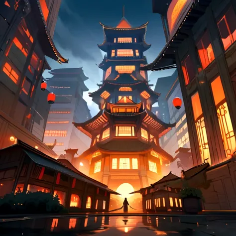 The upper part of the picture shows a high-rise building with a technological style.，The following are ancient Chinese buildings，There is an assassin in a black cloak in the building