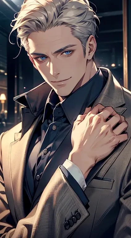 a mature man, very handsome, short grey golden hair, beautiful blue eyes, perfect detailed face, buttoning his jacket, CEO, smiling in love, cinematic lighting, 1:4 HDR, photorealistic, ultra detailed, 8K, best quality, masterpiece