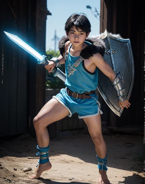 Young 13-year-old boy with black hair and brown eyes, innocent and happy, dressed in short neon-blue medieval barbarian clothes, fur shorts, light-blue battle armor, weilding silver sword and shield, barefoot; fullbody; short hair, boyish athletic, sexy,