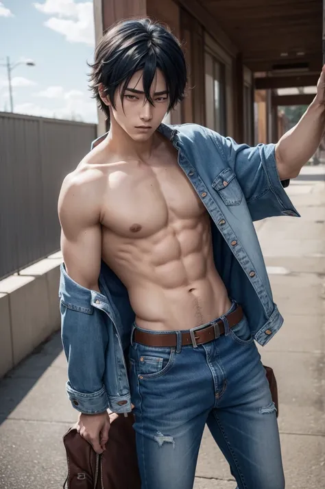 Tired anime man, shirtless with blue jeans and a poorly placed belt 