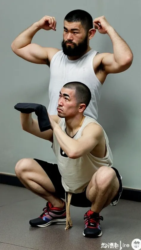 conspiracy theorist, gym, japanese man, hairy, instructor, shaved head, squat, weird