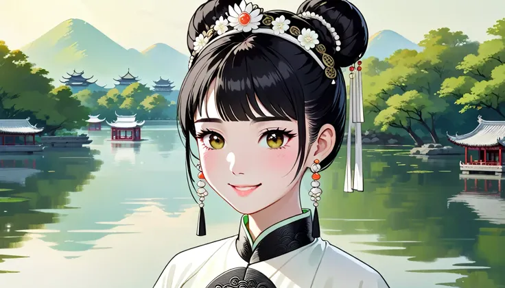 A young Chinese woman named Amy,Melon seed face,Fair complexion，eye color: black，Eyebrow: arc，Hair color: black，hairstyle: Straight Hair（High bun），headgear: White crown，earring: white earrings，Wearing white traditional Chinese clothing,decorate:white neckl...