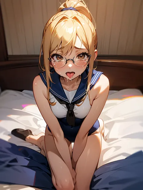 high resolution,High resolution,１Beautiful girl of the person,whole body,look up,looking at the camera,Big eyes,Glasses,Crying face,Tears,Stringy saliva,Open your mouth wide,Sticking out tongue,Flush saliva,Overflowing with saliva,ponytail,Golden Hair,Brow...