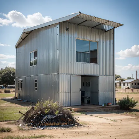 corrugated metal sheet house in an afternoon with a bonfire