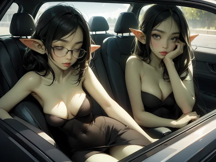 ((best quality)), ((masterpiece)), (detailed), perfect face, ((green skin)), pointy ears, tiny breasts, wearing black rimmed glasses, short dark hair, topless, wearing black panties and black pantyhose, detailed feet, asleep in the backseat of a car, lying...