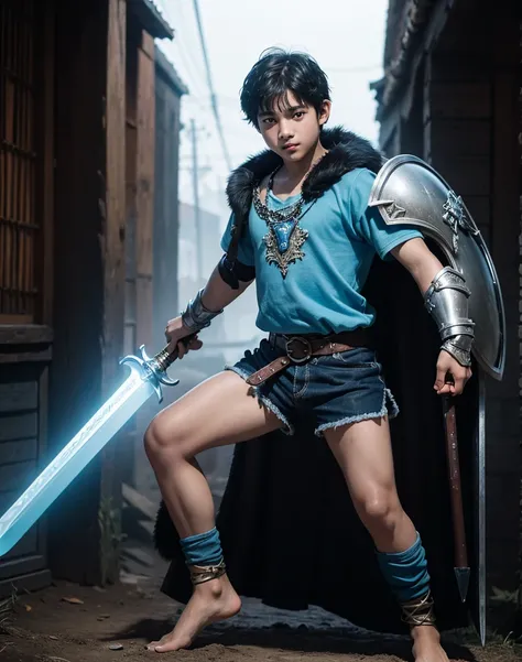 Young 13-year-old boy with black hair and brown eyes, innocent and happy, dressed in short neon-blue medieval barbarian clothes, fur shorts, light-blue battle armor, weilding silver sword and shield, barefoot; fullbody; short hair, boyish athletic, sexy,