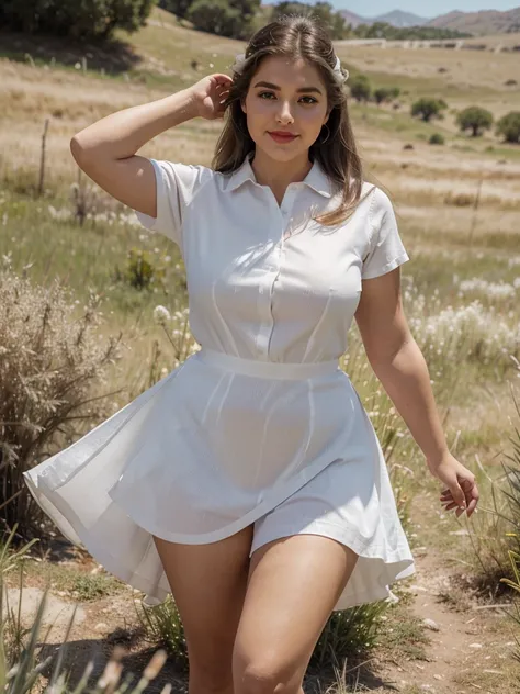 Araffe dress, short denim skirt with white shirt, red lips, mountain grass, natural grass, light blue, light white, clear white, Escasamente vestido.Smooth sky model Hermosa figuracuerpo voluptuoso curvy hermosas sonrisa seductora Retrato Gabriella Lin Roj...