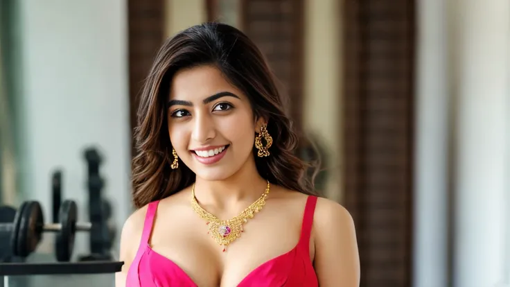 A Thick Busty Curvy pakistani girl wear bra , looking_at_viewer, smile,realistic, necklace, earrings, cleavage_cutout, gym ,full portrait of girl, dumbell in hand , navel , legs