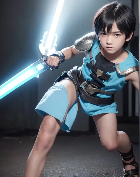 Young 13-year-old boy with black hair and brown eyes, innocent and happy, dressed in short neon-blue medieval barbarian clothes, fur shorts, light-blue battle armor, weilding silver sword and shield, barefoot; fullbody; short hair, boyish athletic, sexy,