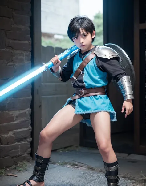 Young 13-year-old boy with black hair and brown eyes, innocent and happy, dressed in short neon-blue medieval barbarian clothes, fur shorts, light-blue battle armor, weilding silver sword and shield, barefoot; fullbody; short hair, boyish athletic, sexy,