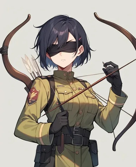 Kizi, medium length black straight hair, wearing a black blindfold, wearing a black and yellow military outfit, holding a bow and arrow, With a serious face, medium breasts.