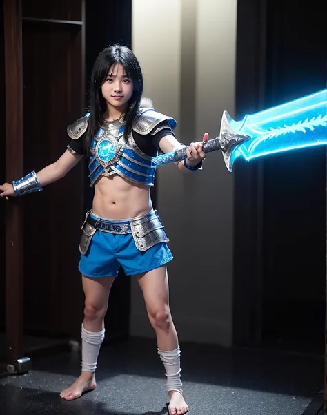 Young 13-year-old boy with black hair and brown eyes, innocent and happy, dressed in short neon-blue medieval barbarian clothes, fur shorts, light-blue battle armor, weilding silver sword and shield, barefoot; fullbody; short hair, boyish athletic, sexy,