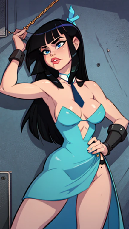 1girl, betty, the flintstones, Best quality, masterpiece, cowboy shot, black long bob hair with a blue ribbon, blue eyes, tight mini blue dress made of leather and stiches cloth, bdsm, rope tie, shackles, prehistoric scene, blue leather collar