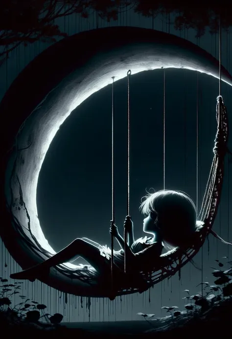 ashley wood style, dark scarlet background, chemiluminescence. (animation. girl on a swing, tied to a crescent, night, romance, ...