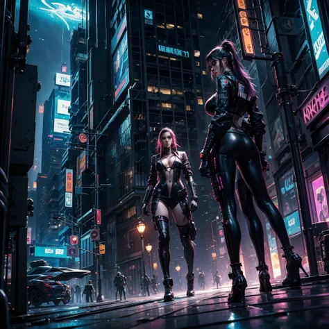 A sexy female cyberpunk in a futuristic city looks around while being chased by an alien