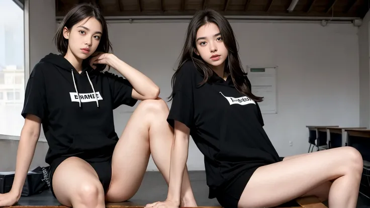 deux femmes ensemble de 18 ans sexy et mince , black short sleeve hoodie , salle de classe, se touche,position sey,sensuel