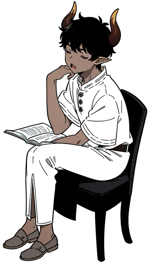 (1boy,15 years old,solo),((dark skin)),rural outfit,short hair,black hair,elf ears,(horns),(white background,line drawing),sitting,from side, looking away,full body,hand_on_own_face, head_rest, hand_on_own_cheek,closed eyes, open mouth, sleepy, squeans