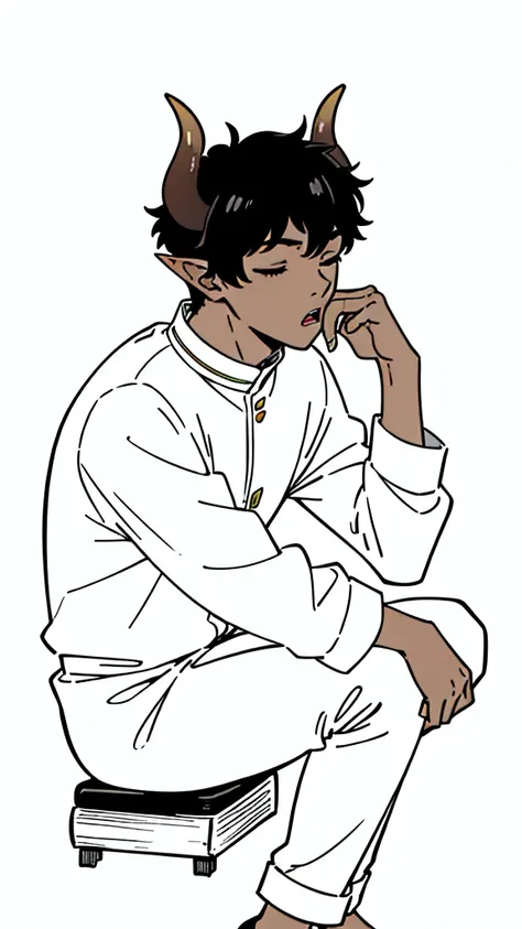 (1boy,15 years old,solo),((dark skin)),rural outfit,short hair,black hair,elf ears,(horns),(white background,line drawing),sitting,from side, looking away,full body,hand_on_own_face, head_rest, hand_on_own_cheek,closed eyes, open mouth, sleepy, squeans