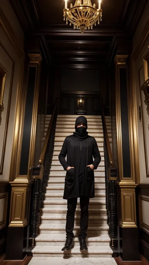 man in loose, lightweight black clothing, prominently wearing a balaclava, standing in the luxurious hall of a high-end mansion, with gold-colored railings, black ceiling, new wooden floor, and blood-red walls, parts of the staircase made of white marble, ...