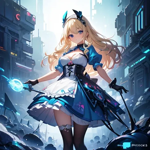 a beautiful 20 year old blonde woman with big messy hair in a blue dress, white stockings, black headband, cleavage, holding a glowing mushroom, fantasy art style, rossdraws cartoon vibrant, alice in wonderland cyberpunk, cute detailed digital art, colorfu...