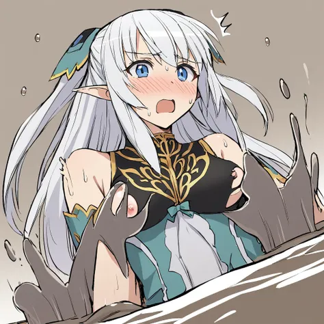 1girl, portrait Altina, elf, elven ears, silver hair, blue eyes, hair clips, bare shoulders, black collared capelet, Open mouth, Flipping skirt, from below, uniform torn clothes, nipple, embarrassed, try to get out, he gets agitated ,sinking, quicksand, po...