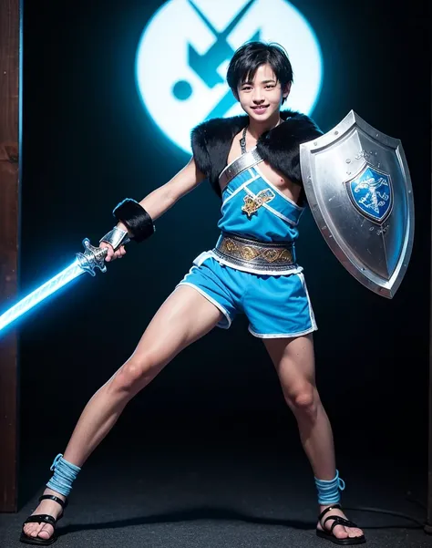 Young 13-year-old boy with black hair and brown eyes, innocent and happy, dressed in short neon-blue medieval barbarian clothes, fur shorts, light-blue battle armor, weilding silver sword and shield, sandals; fullbody; short hair, boyish athletic, sexy,