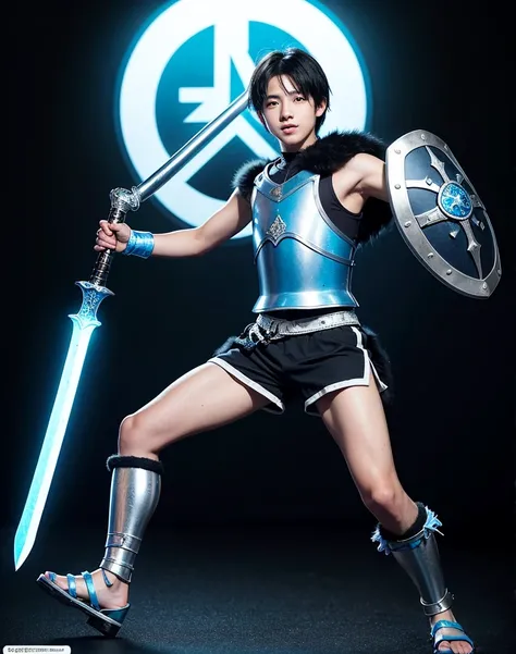 Young 13-year-old boy with black hair and brown eyes, innocent and happy, dressed in short neon-blue medieval barbarian clothes, fur shorts, light-blue battle armor, weilding silver sword and shield, sandals; fullbody; short hair, boyish athletic, sexy,